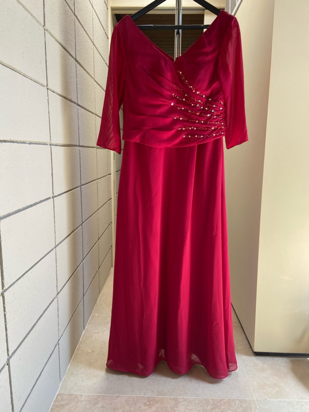 Red V-Neck Beaded Formal Evening Gown